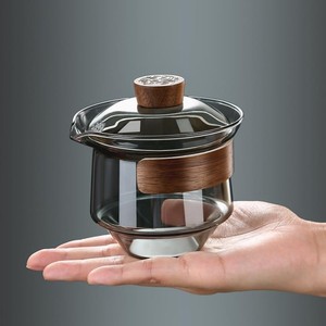 Gaiwan en verre gris fumé avec infuseur et couvercle en bois de noyer, ensemble de thé Kung Fu, bol individuel - Product Image 3