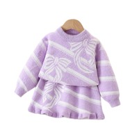 Ensemble deux pièces en fausse fourrure tricotée pour filles, automne-hiver, pull rayé à nœud et jupe à volants