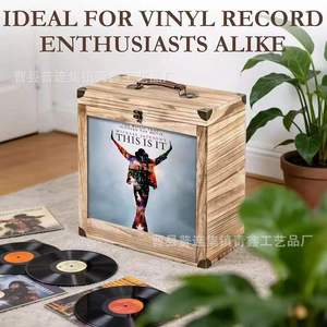 Wooden Flip Top Storage Box Rectangle With Display Window Cd Vinyl <b>Record</b> Storage Box <b>Standing</b> Type Wood Grain Pattern Qx615 - Product Image 2