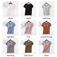 T-shirts de yoga pour femmes à logo personnalisé, respirants, décontractés, d'été, à manches courtes, couleur unie, col rond, séchage rapide, avec coussinet de poitrine