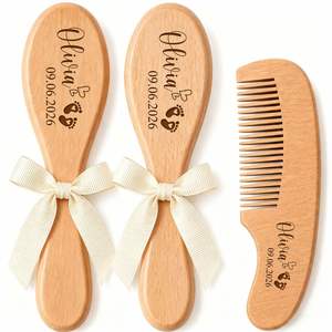 3Pcs Personalised <b>Wooden</b> Hairbrush Set, Custom Engraved Name Baby Brush, Soft Goat <b>Wool</b>, Birth Keepsake Gifts, New Mom Gift - Product Image 1
