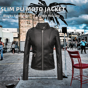 Blousons moto slim en cuir PU pour femme, motif uni, finition brute, écologiques, coupe-vent, imperméables, longueur standard, automne - Product Image 2