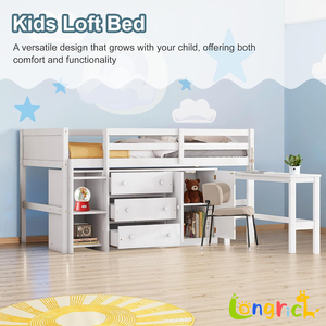 <span class=keywords><strong>Lit</strong></span> superposé blanc de petite hauteur avec bureau escamotable, tiroirs et étagères pour chambre d'<span class=keywords><strong>enfant</strong></span> ou salon - Product Image 3