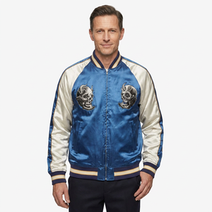 Chaqueta Varsity Azul Satinado para Hombre, con Diseño de Parche Bordado de Calavera, Estilo Preppy, Cierre de Cremallera Frontal, Chaqueta de Béisbol Elegante - Product Image 1