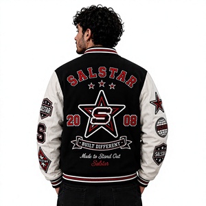 เสื้อแจ็คเก็ตเบสบอลแบบ Varsity Letterman สีดำขาวสำหรับผู้ชาย พร้อมป้ายปักแบบ OEM ODM - Product Image 2