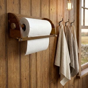 Distributeur multifonctionnel de papier <span class=keywords><strong>essuie</strong></span>-<span class=keywords><strong>tout</strong></span> et de papier toilette en bois d'acacia, fixation murale/étagère/comptoir, déchiquetage à une main, étanche - Product Image 4