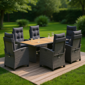 Set da Pranzo da Giardino in Rattan Grigio Scuro con Cuscini, 6 Posti, Arredamento da Esterno con Piano in Teak, Design Contemporaneo - Product Image 2