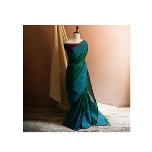 Sari de algodón de seda verde bosque de telar manual puro de calidad superior para fiestas y bodas estilo indio y pakistaní - Product Image 1