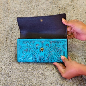 Leather Women's Designer Luxury Hand Tooling Carving <b>Wristlet</b> Clutch RFID Protection Anti-Theft Multi-Function Long Button - Product Image 5