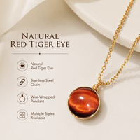 Collier pendentif en œil de tigre rouge naturel, enroulé de fil d'acier inoxydable, pour un usage quotidien