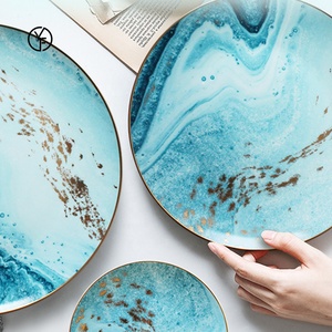 Vaisselle de restaurant, ensemble de dîner classique bleu moderne, vaisselle en porcelaine, table ronde pour 8 personnes, ensemble d'assiettes en céramique - Product Image 6