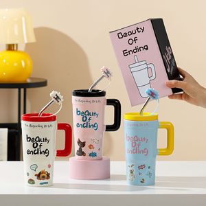 680ml Large Ceramic <b>Mugs</b> Cartoon Tea Water Cups <b>Cute</b> Coffee Tumbler with Lid and Straw - Product Image 5