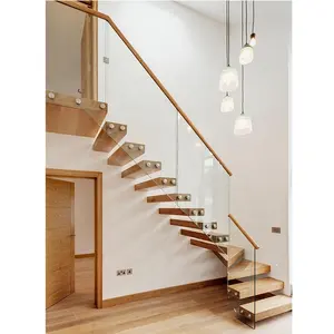 GOBO独特设计玻璃楼梯栏杆橡木胎面现代浮动钢制楼梯