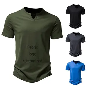 2023 Summer Foreign Trade New Men's Notched Neck Casual Short Sleeve Fashion Men's Solid Color Loose Short Sleeve T-shirt