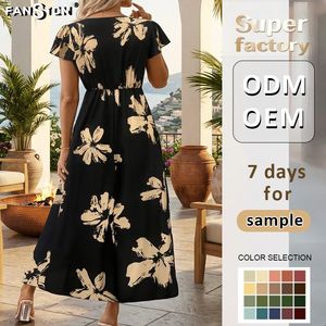Nuevo Vestido Estampado <span class=keywords><strong>con</strong></span> Cuello en V para Mujer 2026 - Elegante <span class=keywords><strong>Falda</strong></span> de Verano <span class=keywords><strong>con</strong></span> Volantes, Vestido Casual Bohemio de Manga Corta, Venta al por Mayor de Moda - Product Image 2