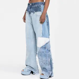 Ultimi jeans patchwork a gamba larga a vita alta classici cinque tasche con pannelli a contrasto jeans in denim lavato sbiadito invecchiato plus size