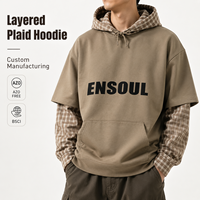 Maßgefertigter Doppellagiger Herren-Kapuzenpullover 380gsm Siebdruck-Hoodie mit Karomuster-Kontrastdesign an Kapuze & Ärmeln