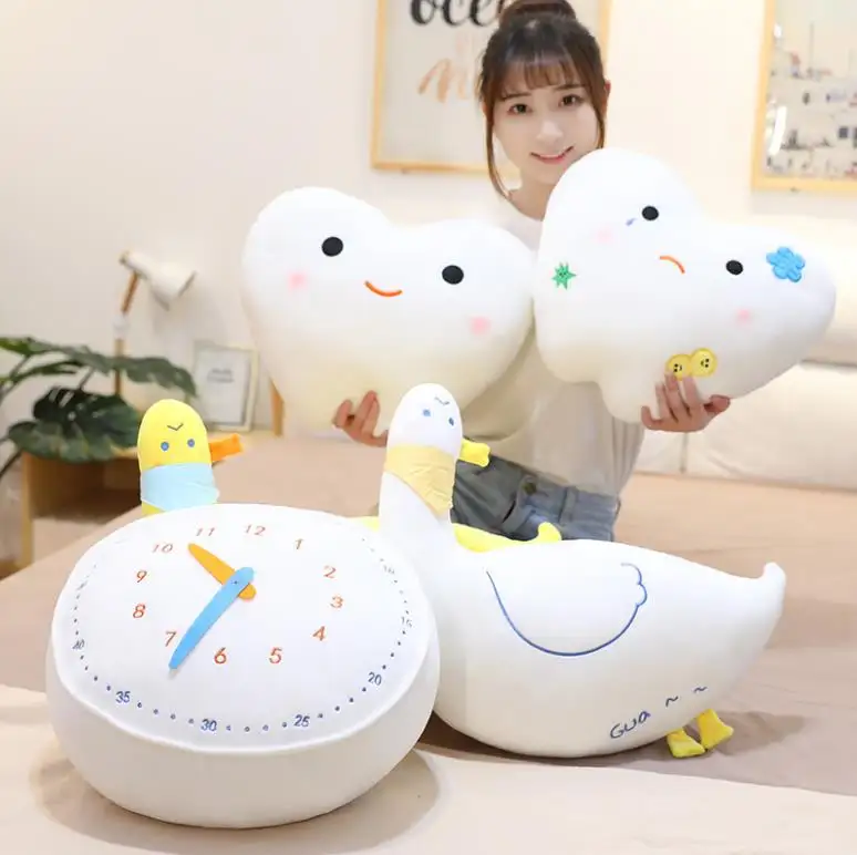 Cute Love Your Teeth Brinquedos de pelúcia Lovely Duck Tooth Decay Clock Pillow Stuffed Soft Cushion for Kids Baby Habit Gifts