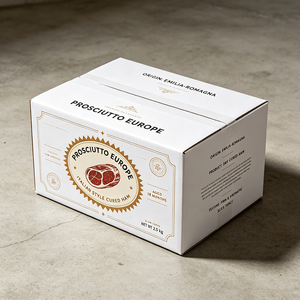 Boîte en carton ondulé <span class=keywords><strong>blanc</strong></span> imprimée offset style gravure sur bois, production 72H, pour l'emballage et l'expédition de <span class=keywords><strong>jambon</strong></span> de jamonier affiné et de produits fumés, carton ciré - Product Image 3