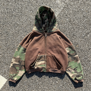 Design Fashion Zipper Custom Heavyweight Cotton Patchwork Distressed <strong>Men</strong> <strong>Camo</strong> <strong>Hoodie</strong> Zip up - Product Image 1