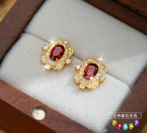 Boucles d'oreilles clous vintage en argent sterling 925 plaqué or, pierres naturelles ovales 4*6mm, grenat et topaze, motif floral, cadeau pour mariage et fête - Product Image 2