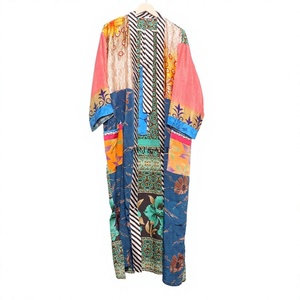 Bata Larga de Seda 100% para Mujer, Estampado Floral, Estilo Kimono, Sin Cuello, Manga Larga, Informal, para Verano - Product Image 1