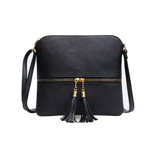 Hobo Style Pu Leather Nylon Lining Golden Hardware Metal Zipper Pu Pvc Genuine Or Leather Fashion Crossbody Tassel Bag
