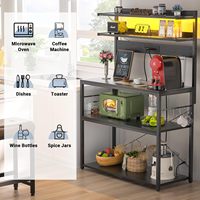Rak Microwave Logam 5 Tingkat, Stasiun Kopi dengan Lampu LED dan Pengait Berbentuk S, Rak Dapur Hitam, Dikirim Melalui Pos