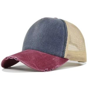 Gorra de béisbol de mezclilla vintage lavada transfronteriza de 5 paneles con parte superior suave y malla, personalizada, unisex, con visera curva, color sólido - Product Image 6