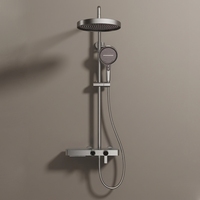 Ensemble de douche à jet de pluie chromé en laiton poli à double poignée avec robinets en céramique brossée à poser au sol et à fixer au mur, et barre coulissante