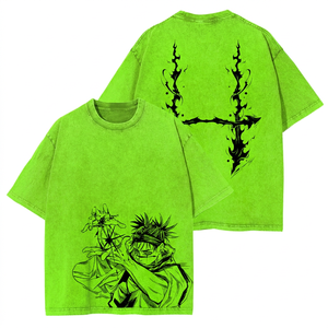 เสื้อยืดอนิเมะ J-Jujutsu K-Kaisen วินเทจ ล้างสี CHOSO ทรงปกติ แขนสั้น ฟุชิงุโระ โทจิ ซุคุนะ โกโจ ซาโตรุ 100% สำหรับผู้ชาย - Product Image 1