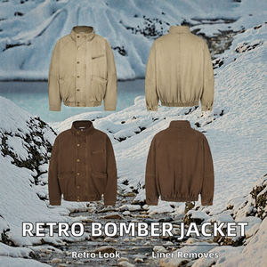 American Retro Stand-Collar Bomber Jacket Zipper <b>Button</b> Front Removable Liner Unisex Style Autumn Winter Washed Vintage Cotton - Product Image 2