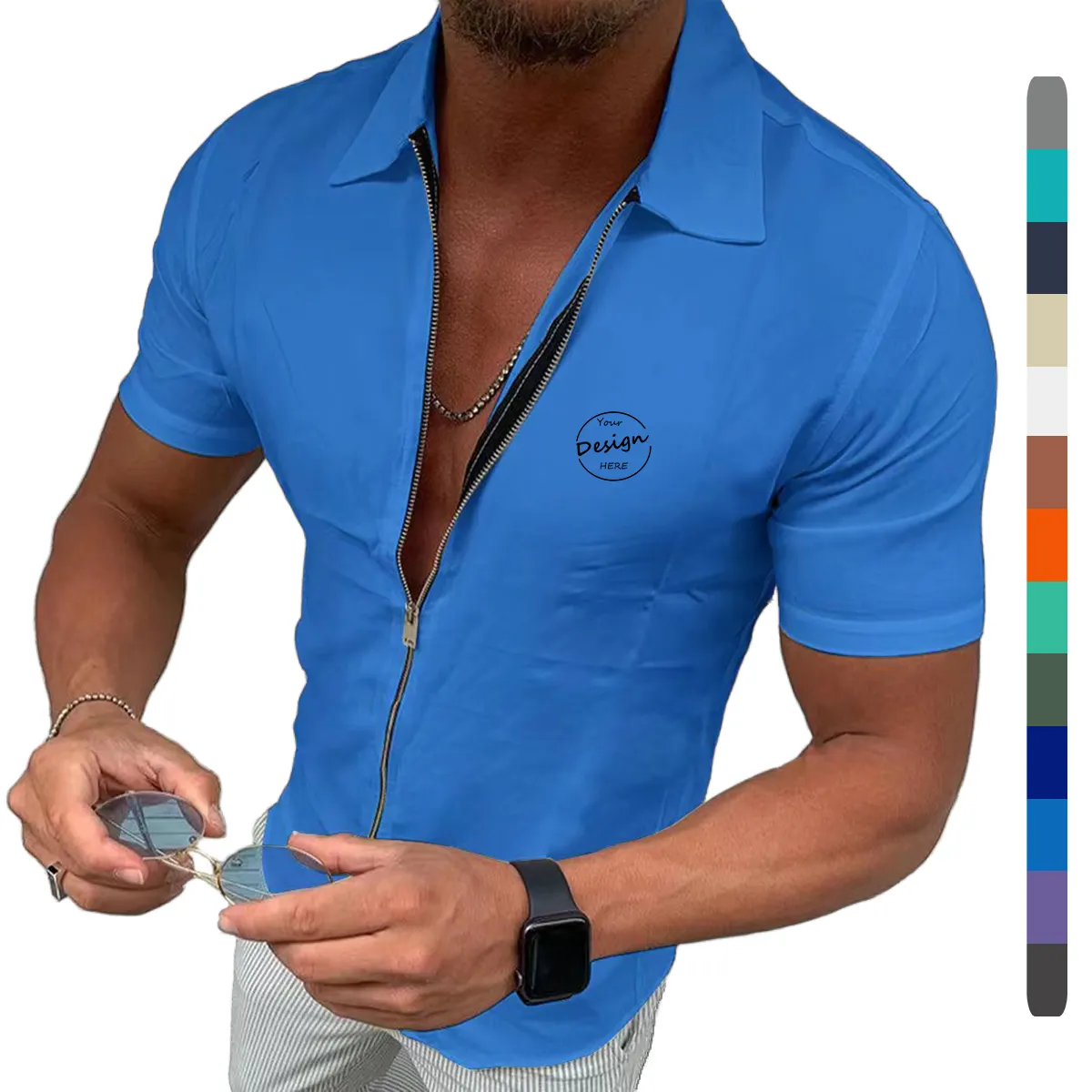 Wholesale Custom Embroidery Logo Men Casual 100% Pique Cotton Knitted Plain Polo Collar Slim Fit Full Zip Up Polo Shirt For Men