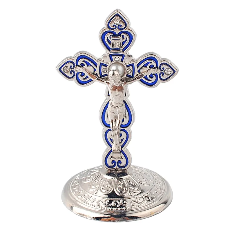 Online Hot Selling Metal Silver Cross Katholieke Kruisbeeld Jesus Standbeelden Religieuze Woondecoratie Staande Christus Sculpturen
