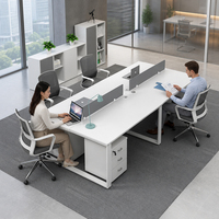 Poste de travail modulaire blanc pour 4 personnes, bureau face à face avec tiroir mobile pour aménagement en open space