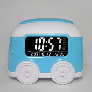 Kinder Cartoon 3 Gruppe Alarm sprechende Taste Uhr sprechen große Taste Wecker lustige Desktop-Bus Form Englisch sprechende Uhr