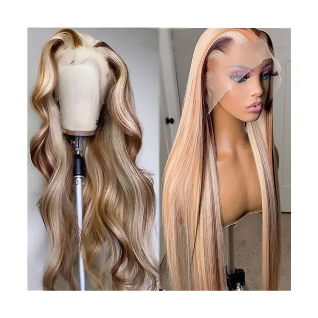 13x4 human hd lace front 180% density virgin hair highlighted wigs with color hd highlighted 28 inch human wig for black women