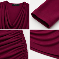 Robe Courte Drapée Col Bénitier Manches Longues Femme Anjie OEM ODM Bordeaux Froncée Moulante Soirée Vente en Gros Marque Privée