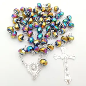 新宗教基督教珠宝圣母玛利亚耶稣十字架吊坠长项链6 * 8毫米刻面玻璃珠项链