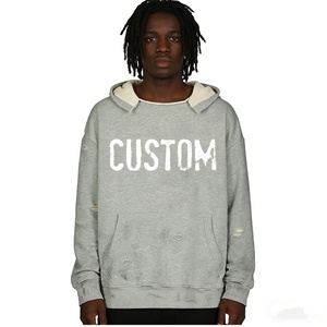 Sudadera con capucha para hombre estilo urbano, con agujeros rasgados, lavado desgastado, bordes sin rematar, patchwork, logotipo personalizado, estilo vintage - Product Image 1