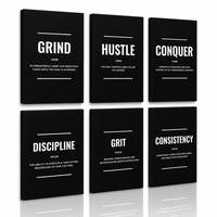 Ensemble de 6 tableaux muraux « Grind Hustle Dictionary » en noir et blanc, impressions sur toile avec citations motivantes, « Conquer Discipline Grit », décoration de bureau