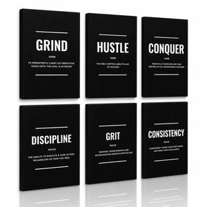 Juego <span class=keywords><strong>de</strong></span> 6 Cuadros Decorativos con Frases Motivadoras en Blanco y Negro, Impresiones en Lienzo con Citas <span class=keywords><strong>de</strong></span> Grind Hustle, Conquista, Disciplina, Resiliencia, Decoración <span class=keywords><strong>de</strong></span> Oficina - Product Image 1
