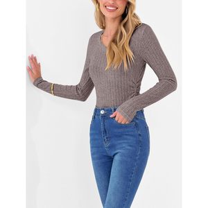 Womens Long Sleeve V Neck Ribbed Knit Sweater Slim Fit Lightweight Autumn Casual <b>Top</b> - Product Image 6