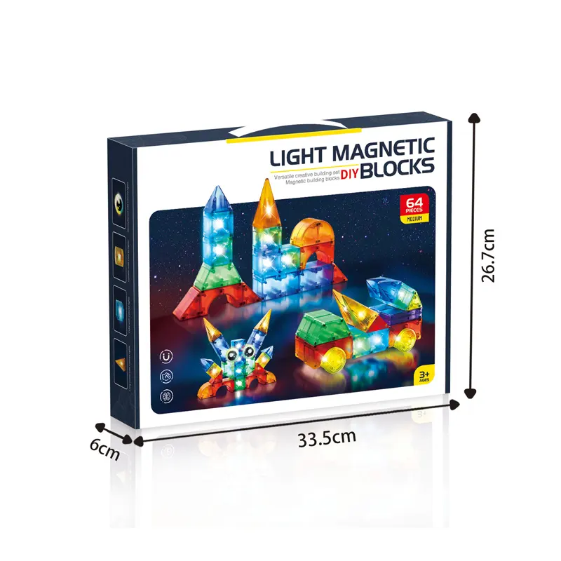 Atacado venda quente blocos magnéticos brinquedos educativos 64 pçs engraçado 3d conjuntos de blocos de construção magnéticos brinquedo diy com luz