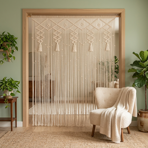 Cortina de puerta de macramé de algodón rectangular personalizada, tapiz mural de cuerda con cuentas, divisor de ventana bohemio, telón de fondo para bodas, decoración interior. - Product Image 3