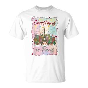 Camiseta de Navidad en París con diseño navideño de la Torre Eiffel y paisaje urbano en colores pastel - Product Image 1