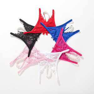 Culotte string sexy en dentelle pour femme, taille basse, respirante, en nylon avec détail perle, noire - Product Image 4