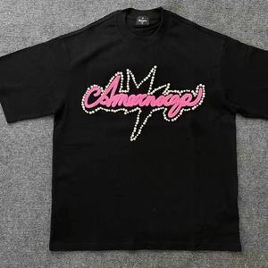 เสื้อยืดผู้หญิงลายมุกและตัวอักษรเชนิลล์ "Amour" พิมพ์ลายดาว แขนสั้น ผ้าฝ้าย สไตล์ลำลอง สตรีทแวร์ - Product Image 1