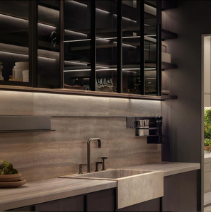 Mueble de Cocina Moderno Estilo Occidental con Isla Elevable, Iluminación LED y Vinoteca de Vidrio para Casa o Villa - Product Image 4