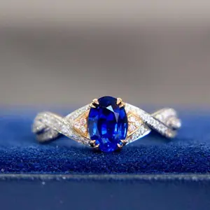 Dua nada lab tumbuh 1,5ct oval biru Royal safir Moissanite berlian gelang putar 14K hadiah emas perhiasan cincin